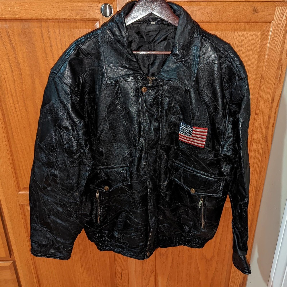 Vintage USA Flag Eagle black genuine leather jacket motorcycle Biker Men size L